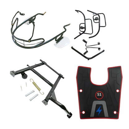 A set of accessories for Ola electric scooters including a black crash guard, foldable footrest, center stand, and a coloured floor mat.